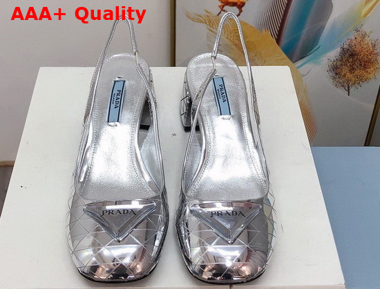 Prada Metallic Leather Slingback Pumps in Silver 45mm Heel 1I770M Replica