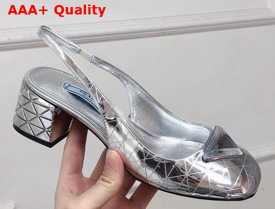 Prada Metallic Leather Slingback Pumps in Silver 45mm Heel 1I770M Replica