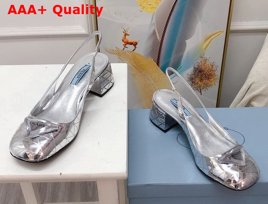 Prada Metallic Leather Slingback Pumps in Silver 45mm Heel 1I770M Replica