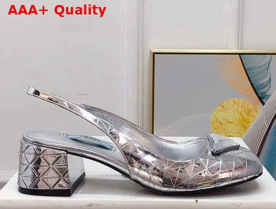 Prada Metallic Leather Slingback Pumps in Silver 45mm Heel 1I770M Replica