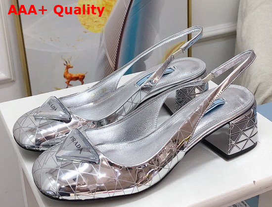 Prada Metallic Leather Slingback Pumps in Silver 45mm Heel 1I770M Replica