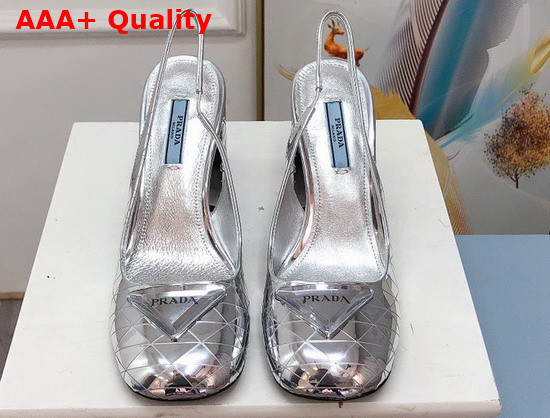 Prada Metallic Leather Slingback Pumps in Silver 90mm Heel 1I770M Replica