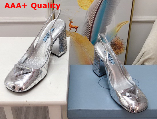 Prada Metallic Leather Slingback Pumps in Silver 90mm Heel 1I770M Replica