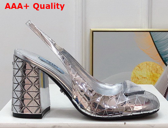 Prada Metallic Leather Slingback Pumps in Silver 90mm Heel 1I770M Replica