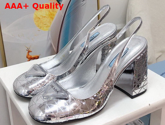 Prada Metallic Leather Slingback Pumps in Silver 90mm Heel 1I770M Replica