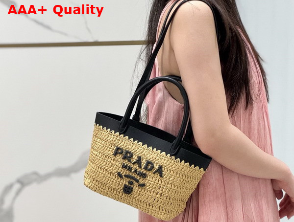 Prada Mini Crochet and Leather Tote Bag Tan and Black 1BG501 Replica