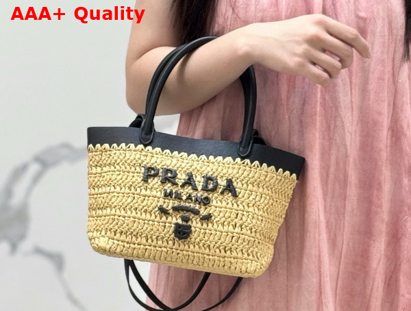 Prada Mini Crochet and Leather Tote Bag Tan and Black 1BG501 Replica