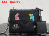 Prada Monochrome Saffiano Leather Bag in Black with Enameled Metal Appliques Replica