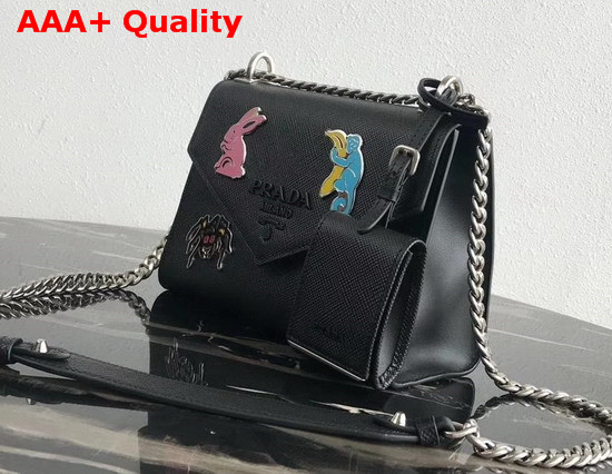 Prada Monochrome Saffiano Leather Bag in Black with Enameled Metal Appliques Replica