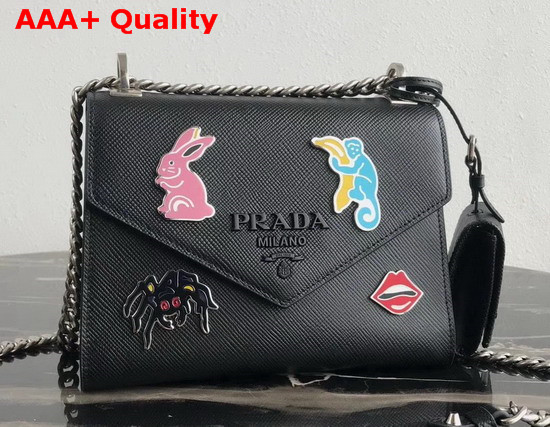 Prada Monochrome Saffiano Leather Bag in Black with Enameled Metal Appliques Replica