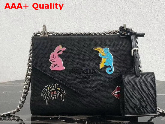 Prada Monochrome Saffiano Leather Bag in Black with Enameled Metal Appliques Replica