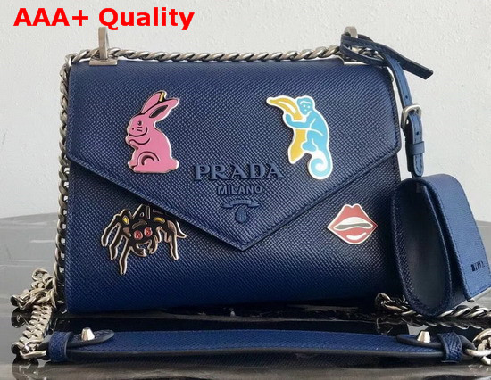 Prada Monochrome Saffiano Leather Bag in Blue with Enameled Metal Appliques Replica