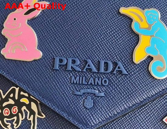 Prada Monochrome Saffiano Leather Bag in Blue with Enameled Metal Appliques Replica