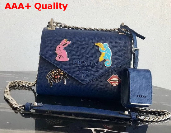 Prada Monochrome Saffiano Leather Bag in Blue with Enameled Metal Appliques Replica