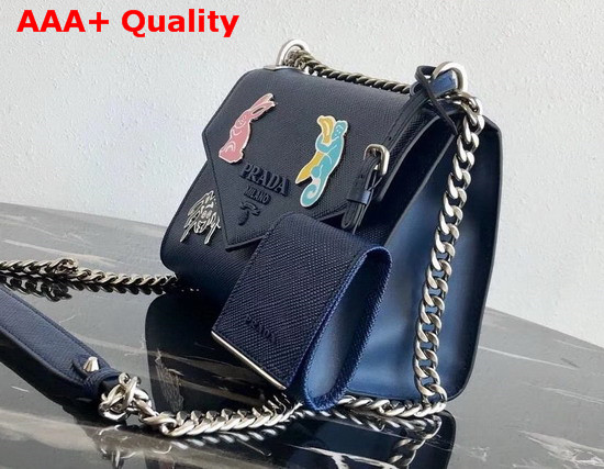 Prada Monochrome Saffiano Leather Bag in Blue with Enameled Metal Appliques Replica