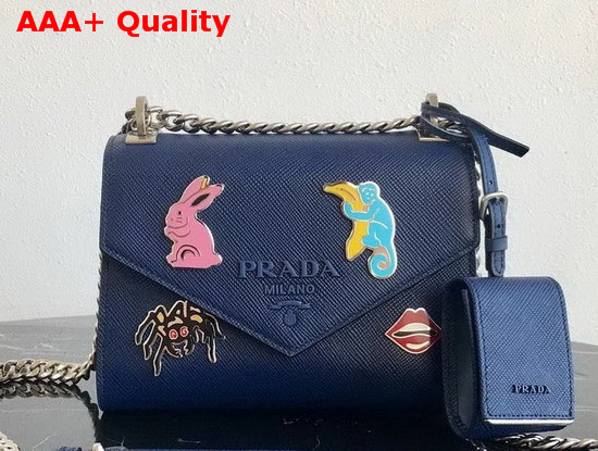 Prada Monochrome Saffiano Leather Bag in Blue with Enameled Metal Appliques Replica