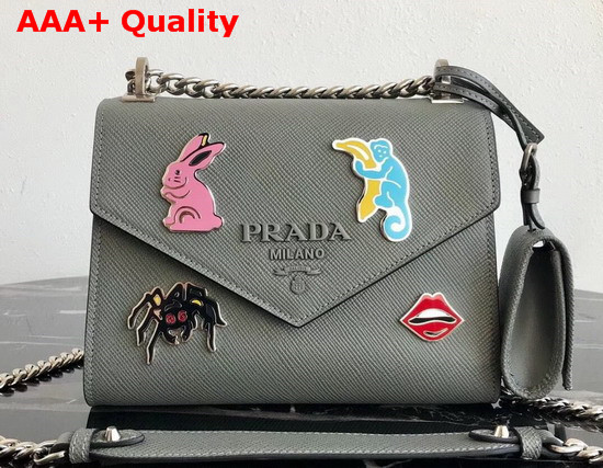 Prada Monochrome Saffiano Leather Bag in Grey with Enameled Metal Appliques Replica