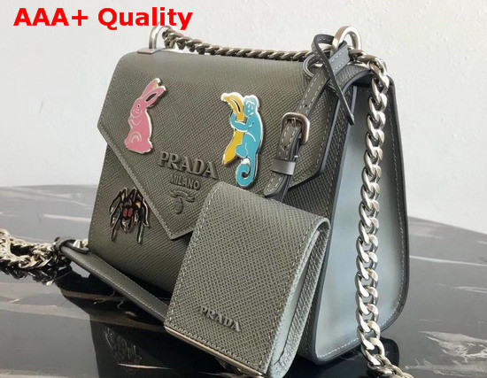 Prada Monochrome Saffiano Leather Bag in Grey with Enameled Metal Appliques Replica