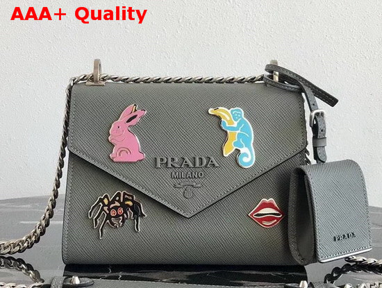 Prada Monochrome Saffiano Leather Bag in Grey with Enameled Metal Appliques Replica