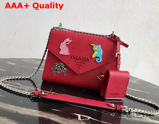 Prada Monochrome Saffiano Leather Bag in Red with Enameled Metal Appliques Replica