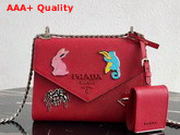 Prada Monochrome Saffiano Leather Bag in Red with Enameled Metal Appliques Replica