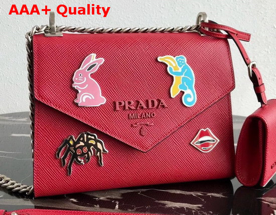 Prada Monochrome Saffiano Leather Bag in Red with Enameled Metal Appliques Replica