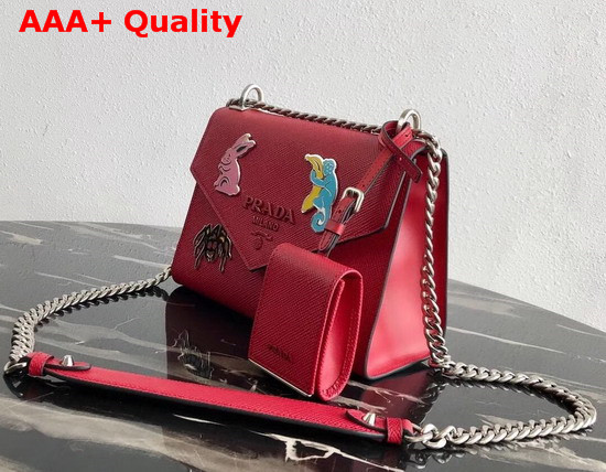 Prada Monochrome Saffiano Leather Bag in Red with Enameled Metal Appliques Replica