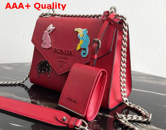 Prada Monochrome Saffiano Leather Bag in Red with Enameled Metal Appliques Replica