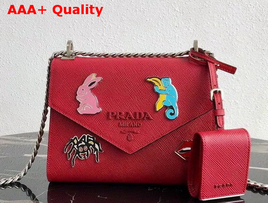 Prada Monochrome Saffiano Leather Bag in Red with Enameled Metal Appliques Replica