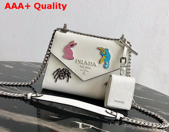 Prada Monochrome Saffiano Leather Bag in White with Enameled Metal Appliques Replica