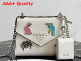 Prada Monochrome Saffiano Leather Bag in White with Enameled Metal Appliques Replica