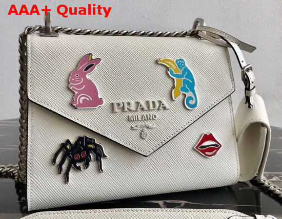 Prada Monochrome Saffiano Leather Bag in White with Enameled Metal Appliques Replica