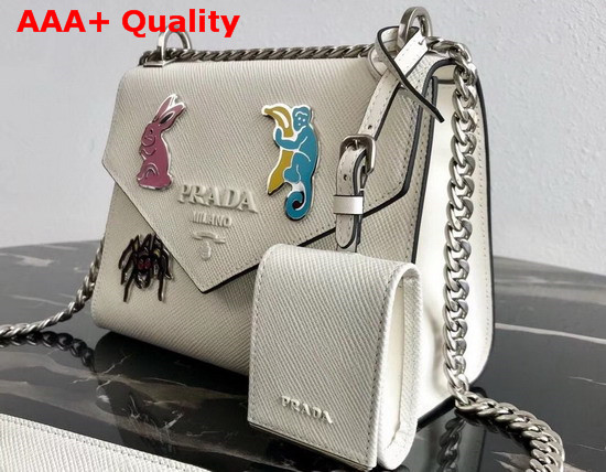 Prada Monochrome Saffiano Leather Bag in White with Enameled Metal Appliques Replica