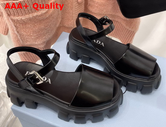 Prada Monolith Brushed Leather Sandals in Black Product Code 1X526M Replica