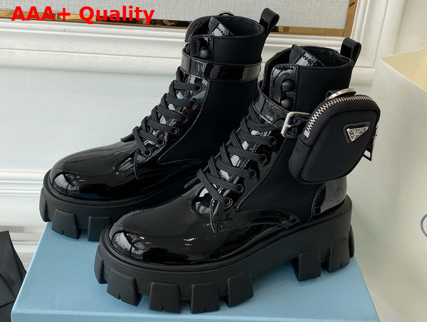 Prada Monolith Leather and Nylon Fabric Boots Black Patent Leather Replica