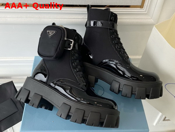 Prada Monolith Leather and Nylon Fabric Boots Black Patent Leather Replica