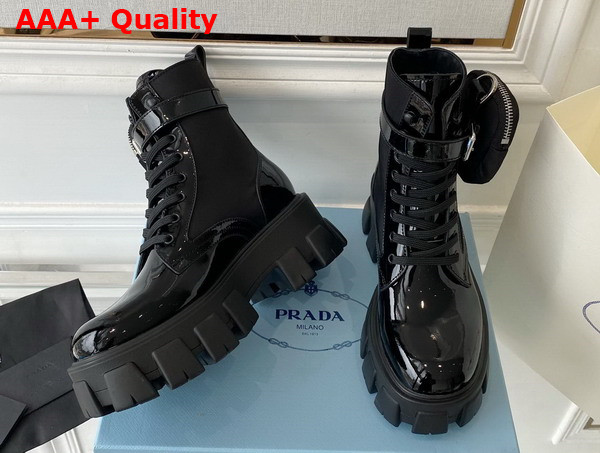 Prada Monolith Leather and Nylon Fabric Boots Black Patent Leather Replica