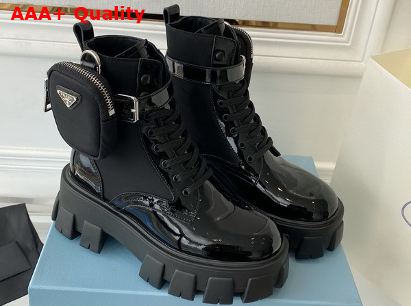 Prada Monolith Leather and Nylon Fabric Boots Black Patent Leather Replica