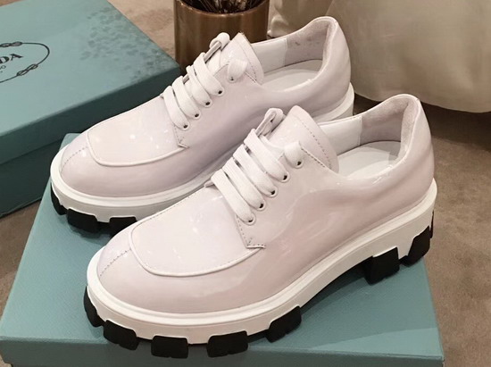 Prada Monolith Patent Leather Derby Shoes in White