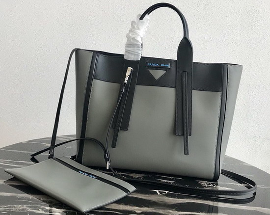 Prada Ouverture Medium Leather Bag Grey Calf Leather Contrasting Black Calf Leather Trim