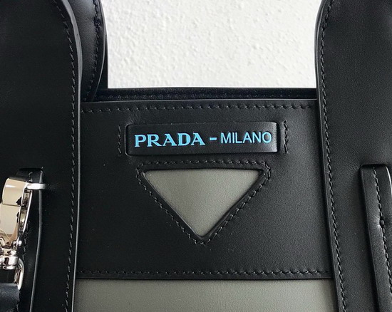 Prada Ouverture Medium Leather Bag Grey Calf Leather Contrasting Black Calf Leather Trim