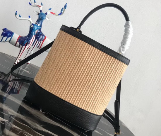 Prada Panier Medium Straw Bag Natural Straw and Black Saffiano Leather