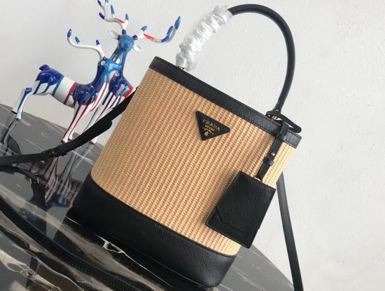 Prada Panier Medium Straw Bag Natural Straw and Black Saffiano Leather