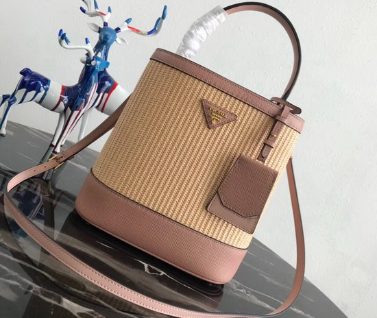 Prada Panier Medium Straw Bag Natural Straw and Pink Saffiano Leather