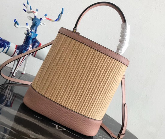 Prada Panier Medium Straw Bag Natural Straw and Pink Saffiano Leather