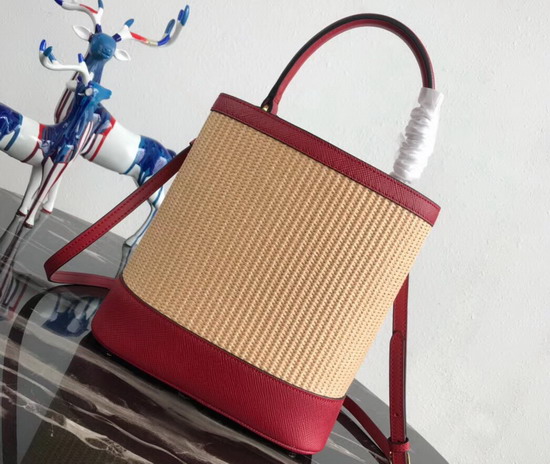 Prada Panier Medium Straw Bag Natural Straw and Red Saffiano Leather