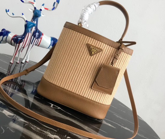 Prada Panier Medium Straw Bag Natural Straw and Tan Saffiano Leather