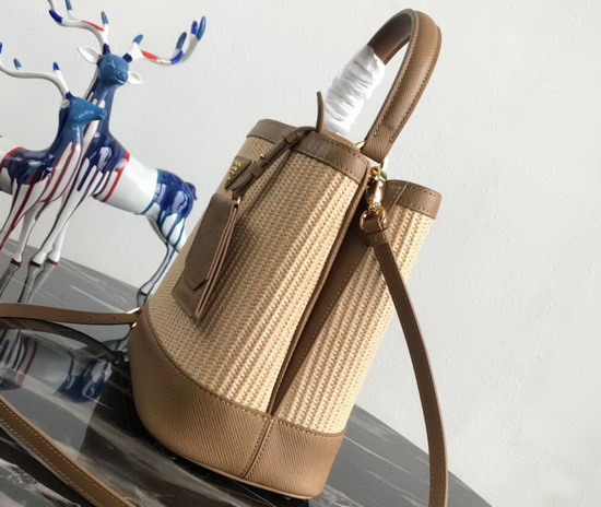 Prada Panier Medium Straw Bag Natural Straw and Tan Saffiano Leather