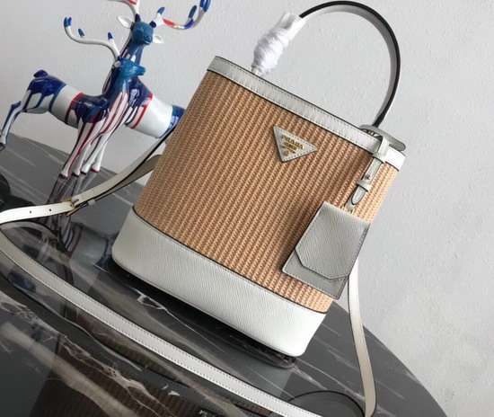 Prada Panier Medium Straw Bag Natural Straw and White Saffiano Leather