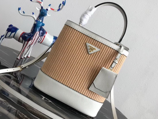 Prada Panier Medium Straw Bag Natural Straw and White Saffiano Leather